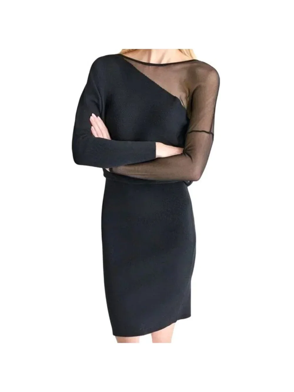 DKNY Women's Asymmetrical Sheer-Inset Sweater Dress Black‎ Size Large NWT